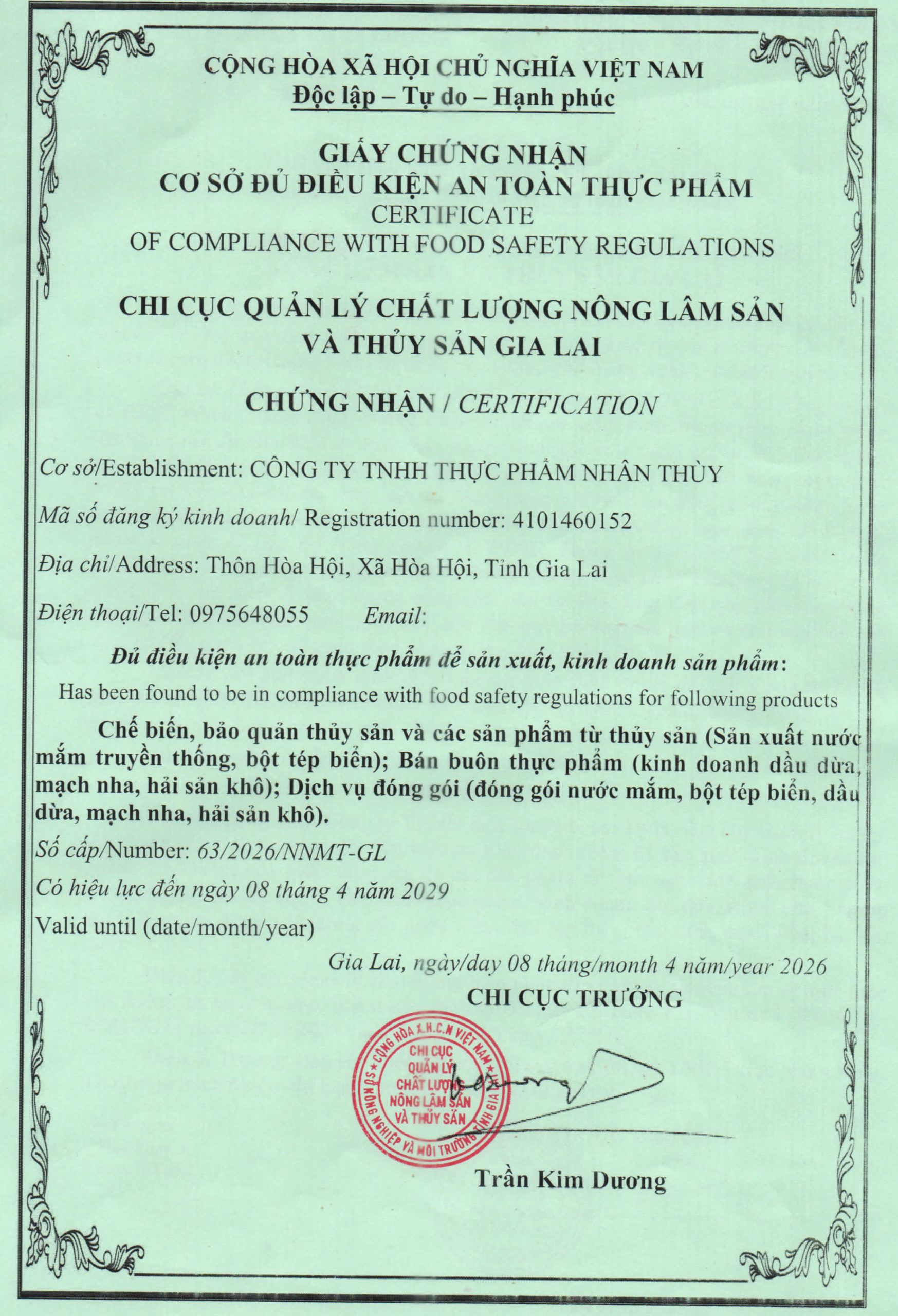Giấy chứng nhận vệ sinh an toàn thực phẩm